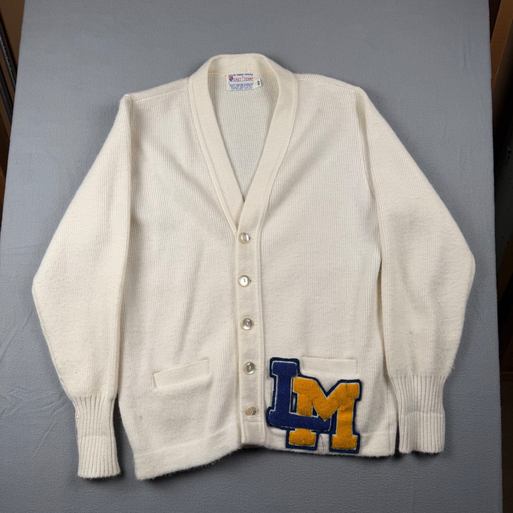 Vintage East-Tenn Varsity Cardigan Sweater Cream Orlon Acrylic LM Patch Size 40